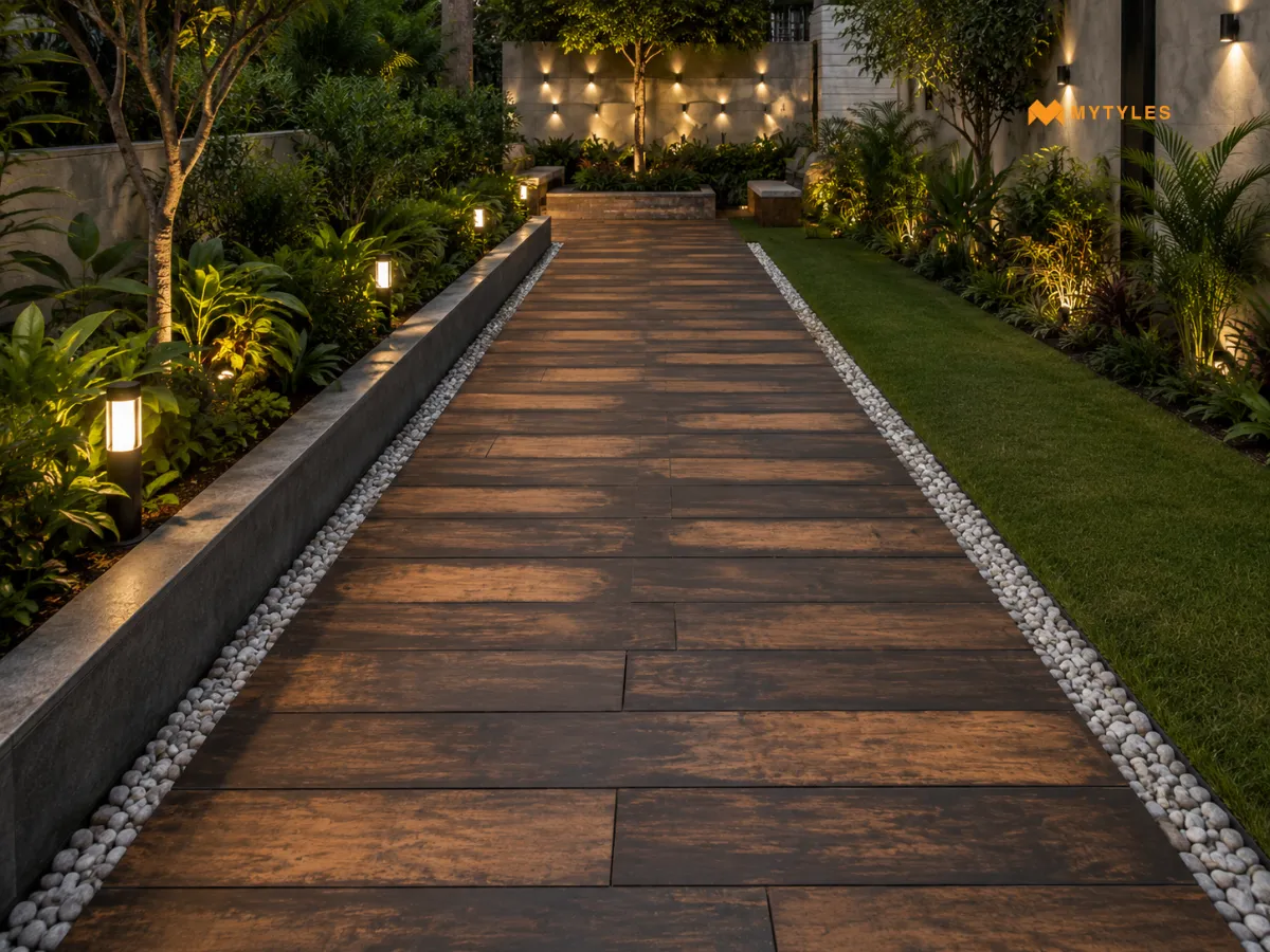 Porcelain Wooden Plank Tile in Garden Walkway
